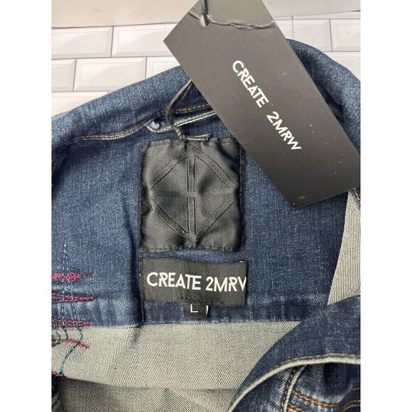 Create 2MRW Jean Jacket Womens Sz Large Distressed Hand Painted Cotton Blue - Picture 11 of 13